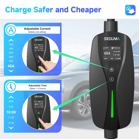 Image of Level 2 EV Charger 40 Amp 9.6kW Lightning Fast Home Charge with adjustable current and timing features.