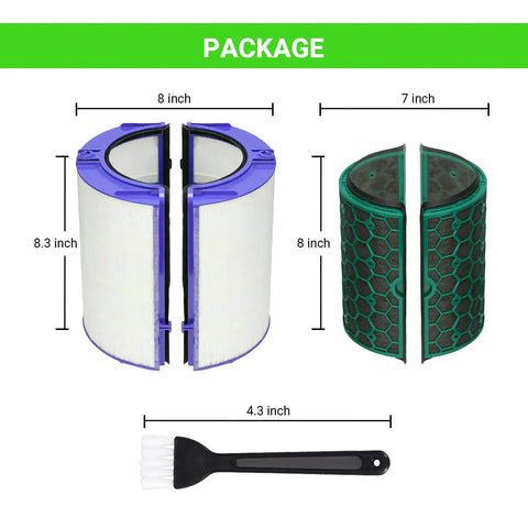 Package contents showing 3-In-1 Activated Carbon Replacement Filter For TP04 TP05 Air Purifier Fans and a small cleaning brush.