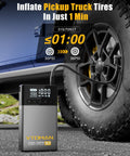 X7 Jump Starter With Air Compressor And Auto Shutoff Tire Inflator inflating a truck tire, displaying PSI levels.