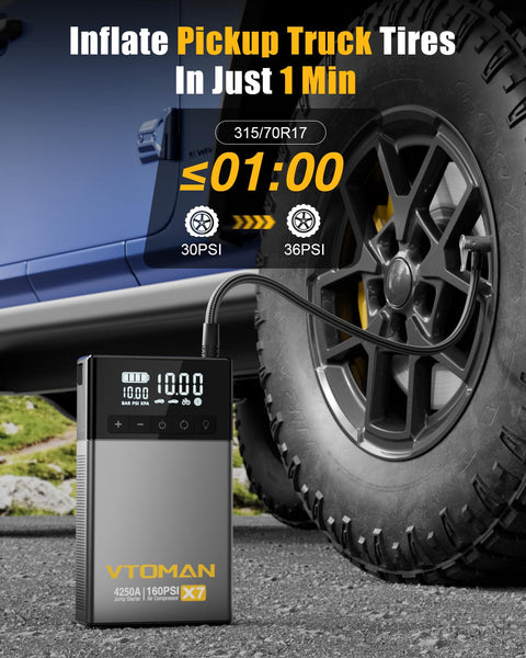 X7 Jump Starter With Air Compressor And Auto Shutoff Tire Inflator inflating a truck tire, displaying PSI levels.