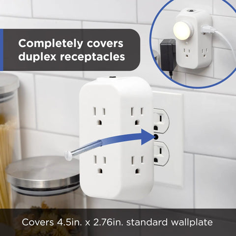 Six Outlet Grounded Wall Tap Extender With Four Side Access Outlets Resettable Circuit Breaker ETL Listed in kitchen setting