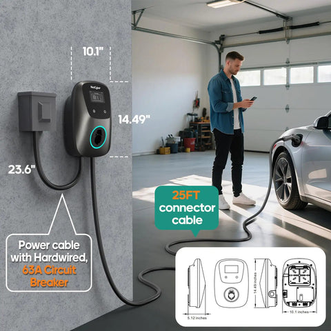 Kickstart Your Electric Ride With This Built Tough 48Amp Level 2 Charger Featuring Wireless App Control ETL Certified 25 Foot Cord And J1772 Adapter For Simple Home Juice Up with 25FT connector cable in garage
