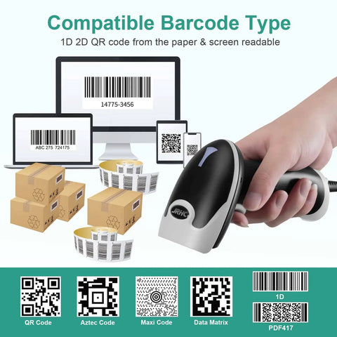 No-Fuss Handheld USB Barcode Scanner, Wired Plug And Play, 1D 2D QR PDF417 Data Matrix Reader For Windows Mac Android Linux in use