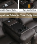 Power Loveseat Recliner With One Touch Control For Backrest And Footrest Massage And Heat Wall Hugger Console Sofa armrest with power outlet, cup holders, and table in dark brown leather