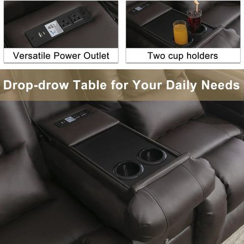 Power Loveseat Recliner With One Touch Control For Backrest And Footrest Massage And Heat Wall Hugger Console Sofa armrest with power outlet, cup holders, and table in dark brown leather