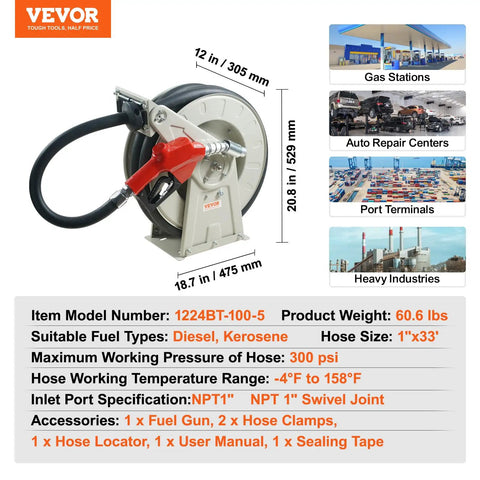 Heavy Duty 1 Inch By 33 Foot Fuel Hose Reel With Retractable Diesel Hose, Carbon Steel Construction, Automatic Nozzle, NBR Rubber Hose, 300 PSI For Aircraft, Ships, Vehicles And Tank Trucks Fueling, dimensions and specifications shown.