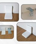 Heavy Duty Stainless Steel L Bracket Pack Of 4 White Shelf Corner Supports With Concealed Plastic Covers for cabinets, showing multiple angles.