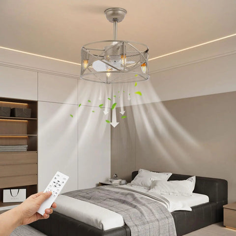 Ceiling Fan With Light 3 Blades Reversible Low Noise 22W for Bedroom with remote control in modern bedroom setting.