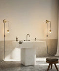 Mid Century Modern Globe Wall Sconce Set Of Two Plug In Brushed Brass Gold Finish With Clear Bubble Glass Balls for bathroom lighting