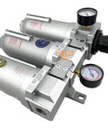 1 Inch NPT Beefy Industrial Grade Filter Regulator Coalescing Desiccant Dryer System With Auto Drain 3 Stage For Compressed Air Lines Metal Bowls Great For Paint Spray And Plasma Cutter Wall Mount Ready, showing pressure gauges and metal components.