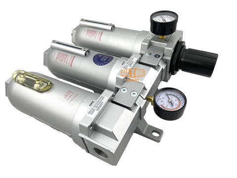 1 Inch NPT Beefy Industrial Grade Filter Regulator Coalescing Desiccant Dryer System With Auto Drain 3 Stage For Compressed Air Lines Metal Bowls Great For Paint Spray And Plasma Cutter Wall Mount Ready, showing pressure gauges and metal components.