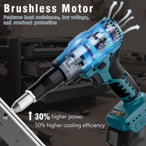 Upgraded Cordless Rivet Gun With Brushless Motor And Led Light For Makita 18V Batteries showing brushless motor features and fastener tips.