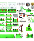 Hands On Basic Electricity And Magnetism Lab Kit For High School Students Real World Electronics Discovery Circuits And Electromagnetism Experiments Now with green components and tools arranged neatly on a white surface.
