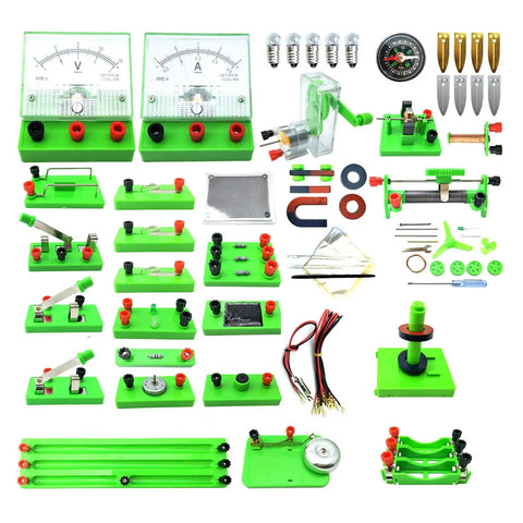 Hands On Basic Electricity And Magnetism Lab Kit For High School Students Real World Electronics Discovery Circuits And Electromagnetism Experiments Now with green components and tools arranged neatly on a white surface.