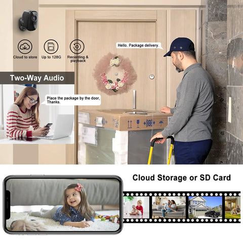 Two Pack Wireless Outdoor Security Cameras With Magnetic Mounts featuring two-way audio showing package delivery at door