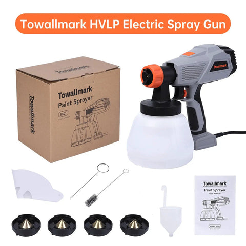 Pro Grade HVLP Paint Sprayer Kit With 1300ml Cup, box, copper nozzles, and accessories displayed on a white background.