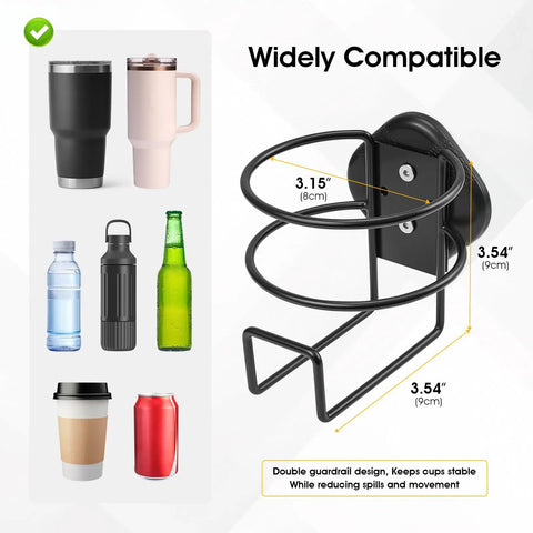 Heavy Duty Magnetic Cup Holder With 12 Strong Magnets Delivers 20 Lb Holding Power showing compatibility and dimensions.
