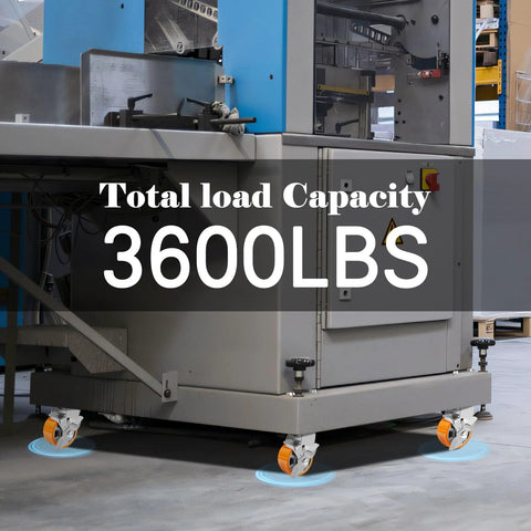 industrial caster wheels with brakes for heavy machinery, 3600 lbs capacity in a workshop setting, emphasizing load capability
