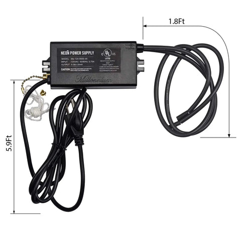 6.5kV Neon Sign Transformer For Glass Neon Art, 120V AC Power Supply, 50/60Hz, 30mA Output, UL Listed, cables coiled