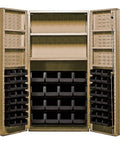 Top Notch Jumbo Beige Storage Cabinet With 64 Badass Black Organizing Bins crafted for garage hangs showing shelves and slots.