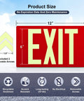 Photoluminescent Aluminum Exit Sign With Adhesive Backing Glow In The Dark Red Non Electrical Exit Light 12x7 Inches, diagram with measurements and features.