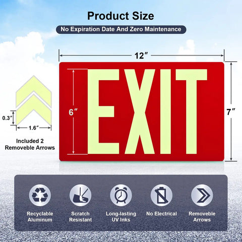 Photoluminescent Aluminum Exit Sign With Adhesive Backing Glow In The Dark Red Non Electrical Exit Light 12x7 Inches, diagram with measurements and features.