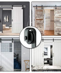Helmsman 8 Ft Heavy Duty Wood Sliding Barn Door Hardware Kit For Double Doors Carbon Steel Wall Mounted Flat Track System With Wheel Hanger Kit Delivers Smooth Quiet Glide And Easy Installation shown in various installations