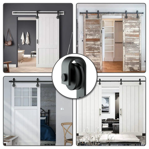 Helmsman 8 Ft Heavy Duty Wood Sliding Barn Door Hardware Kit For Double Doors Carbon Steel Wall Mounted Flat Track System With Wheel Hanger Kit Delivers Smooth Quiet Glide And Easy Installation shown in various installations