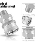 Two-pack stainless steel NPT 1/4 in quick-connect pressure washer fittings conversion adapters (front view, male and female)