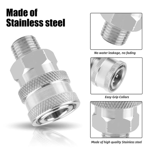 Two-pack stainless steel NPT 1/4 in quick-connect pressure washer fittings conversion adapters (front view, male and female)