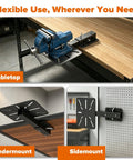Badass Heavy Duty Carbon Steel Vise Mount With Flexible Angle Swivel Rod For Bench Grinder Stand shown in tabletop and sidemount positions.