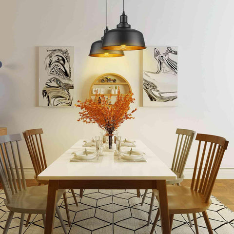 Dope Industrial Pendant Light With Plug In Cord Retro E26 Hanging Ceiling Lamp On Off Switch Oil Black Shade 14.43 Ft Cord Ideal For Kitchen Island Dining Room Foyer Bedroom Warehouse Bar Restaurant, illuminating a dining room table.