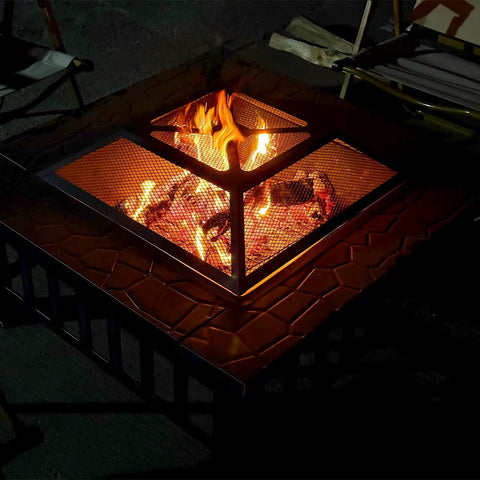 32 Inch Square Fire Pit Table With Spark Screen, Fire Poker, And Ice Bucket Cooler, 3 In 1 Outdoor Fire Pit in use at night