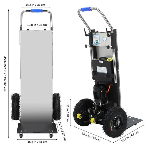Powerful 1200W Electric Stair Climbing Dolly With Huge 900 Lbs Capacity. Side view with dimensions and features, ideal for moving appliances.