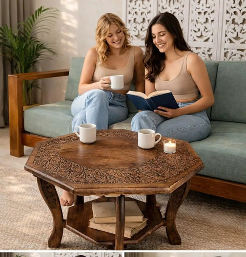 Rectangular Wooden Coffee Table With Cutwork Jali Carving, Farmhouse Charm Meets Mid Century Modern Vibe, Rustic Center Table For Living Room, 36 By 24 By 18 Inch Burnt Finish, Handcrafted And Durable, two people sitting and drinking coffee