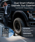 Man standing beside truck with Cordless Tire Inflator Portable Air Compressor. Features auto shut-off and pressure memory display.
