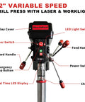 Front view of 12 Inch Benchtop Drill Press With Six Pole Variable Speed 360 To 2000 RPM Three Quarter HP Power Bench Drill With Laser Guide And Work Light showing controls.