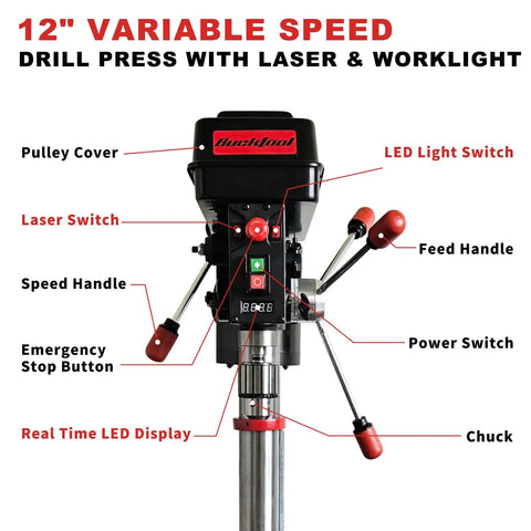 Front view of 12 Inch Benchtop Drill Press With Six Pole Variable Speed 360 To 2000 RPM Three Quarter HP Power Bench Drill With Laser Guide And Work Light showing controls.