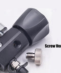 Close-up of Dual Gauge DIN Valve Fill Station Adapter with screw vent, 20 inch hose, 4500psi 300bar, for scuba tanks paintball PCP HPA