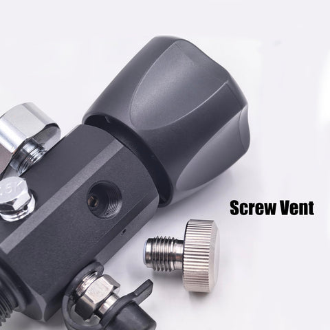 Close-up of Dual Gauge DIN Valve Fill Station Adapter with screw vent, 20 inch hose, 4500psi 300bar, for scuba tanks paintball PCP HPA