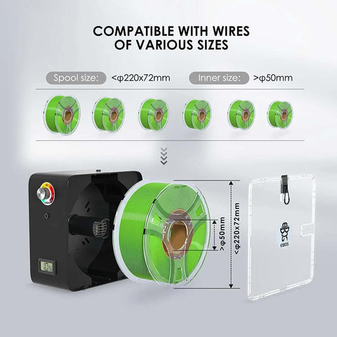 3D Printer Filament Dryer Box With Fan, Adjustable Temperature And Humidity Control, showing various spool sizes compatibility