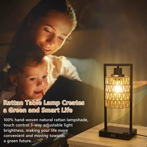 Farmhouse Rattan Table Lamps Set of 2 with Boho Vibe, touch control bedside lamp on table, mother and child in warm light