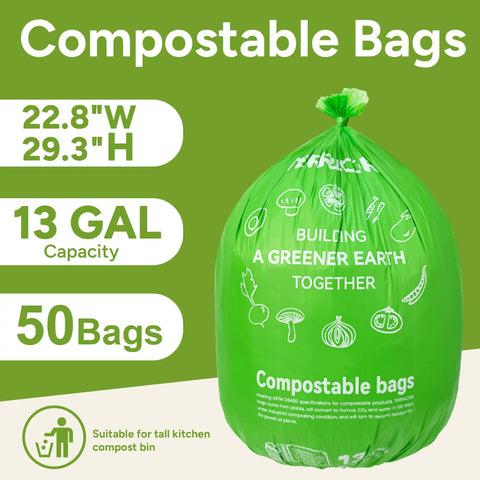13 Gallon Compostable Trash Bags 50 Count Heavy Duty Tall Kitchen Bags For Food Scraps Certified BPI And ASTM D6400