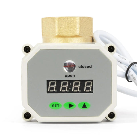 Front view of Two Way Timer Drain Valve With Automatic Electric Motorized Ball Valve Digital Timing Control 00:00-99:59:59 IP67, brass 1 inch NPT.