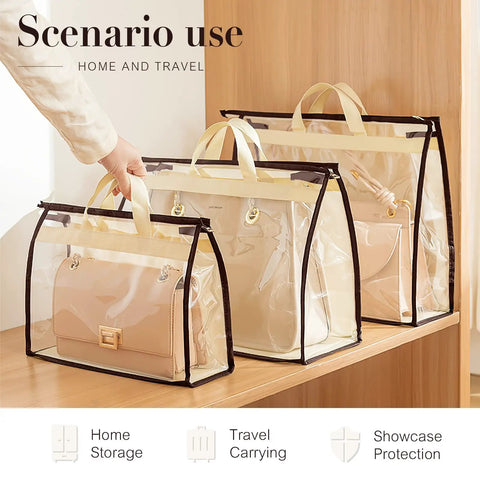 Three clear PVC front handbag dust bags with beige nonwoven back, showcasing purses for travel and closet storage.
