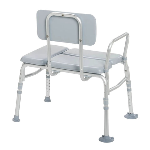 Back view of Padded Shower Seat Chair With Sturdy Aluminum A Frame Easy Transfer Bath Bench Cushioned Seat And Backrest.
