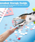 Close-up of 12 Piece Handheld Hole Punch Kit With Grip Handles One Quarter Inch Circular Punches For Craft Paper in use on blue surface.