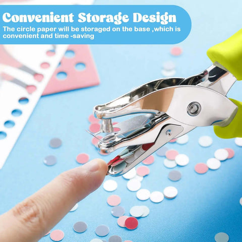 Close-up of 12 Piece Handheld Hole Punch Kit With Grip Handles One Quarter Inch Circular Punches For Craft Paper in use on blue surface.