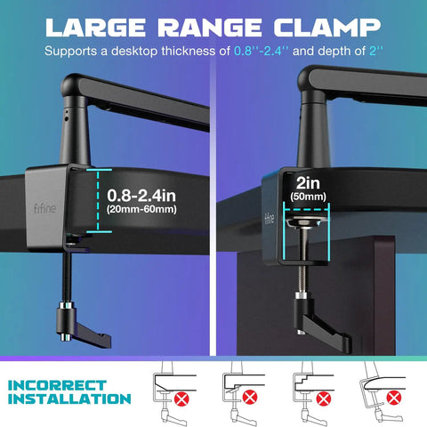 Dual image showing correct and incorrect installation of Low Profile Adjustable Microphone Boom Arm For Your Desk With Clamp