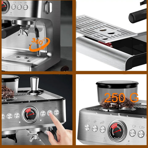 Semi Automatic Espresso Machine With Built In Grinder And Fast Milk Frother For Authentic Cappuccino Latte Coffee, control panel close-up.